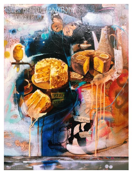 Painting with yellow cakes and bird blue and orange