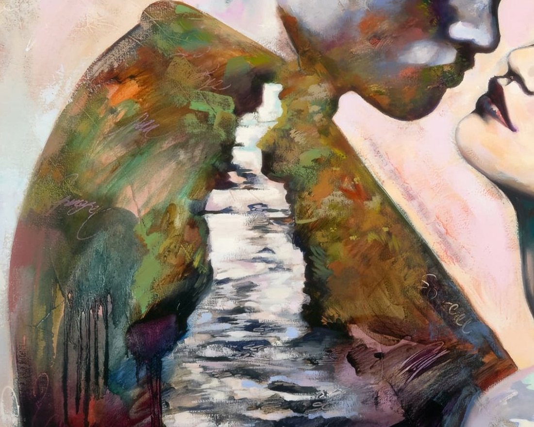 Close detail of a thin washed passage of water sitting under thicker opaque paint