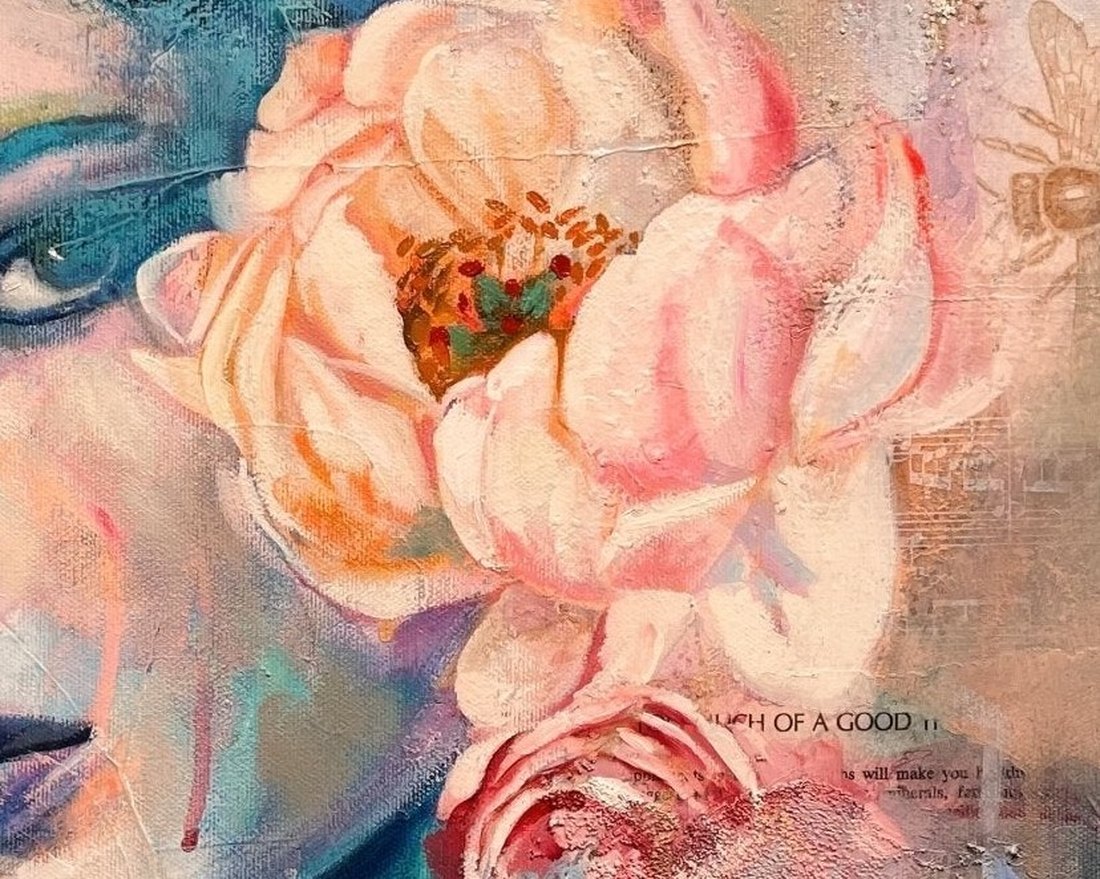 Close detail of a peony painted in thick loaded strokes