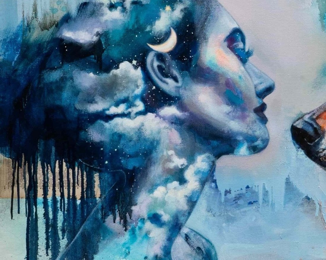 Close detail of a loose passage where paint runs and drips down the canvas