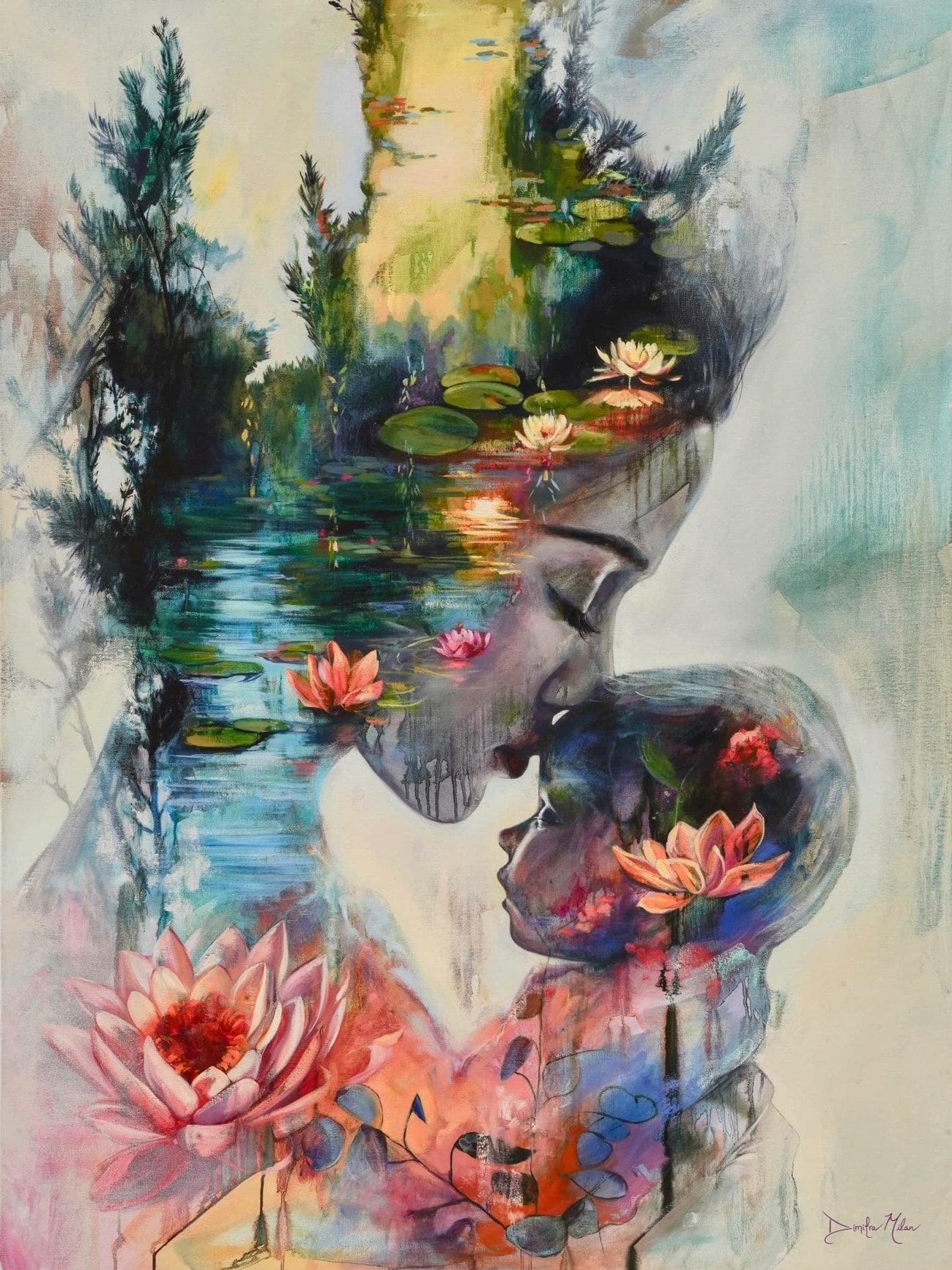 In You, He Lives by Dimitra Milan, a mother kissing her child, both dissolving into a water lily pond