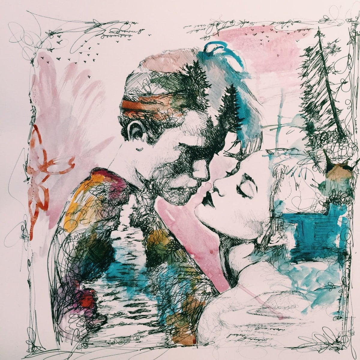 Abiding Gaze at an early stage: line drawing and thin acrylic washes on white canvas