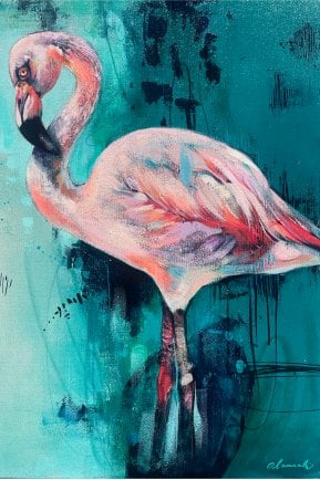 Student painting of a flamingo against a teal ground