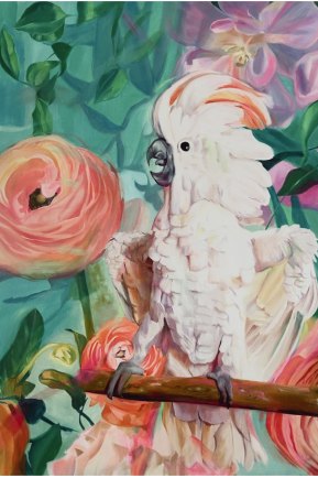 Student painting of a white cockatoo among peach flowers
