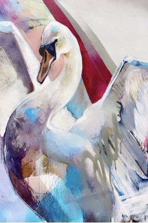 Student painting of a swan with its wings raised