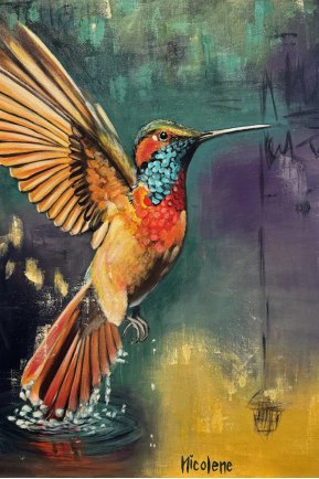 Student painting of a hummingbird in flight