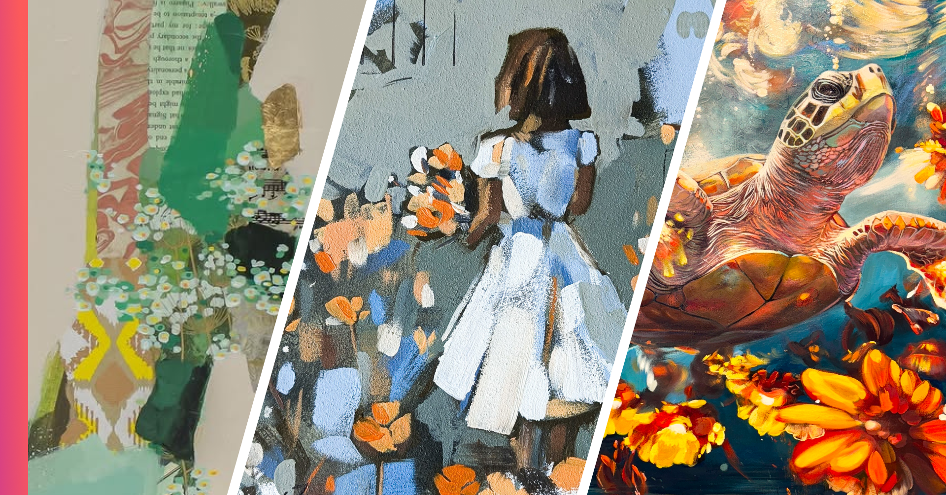 Collection of paintings girl with foloowers abstract turtle painting 