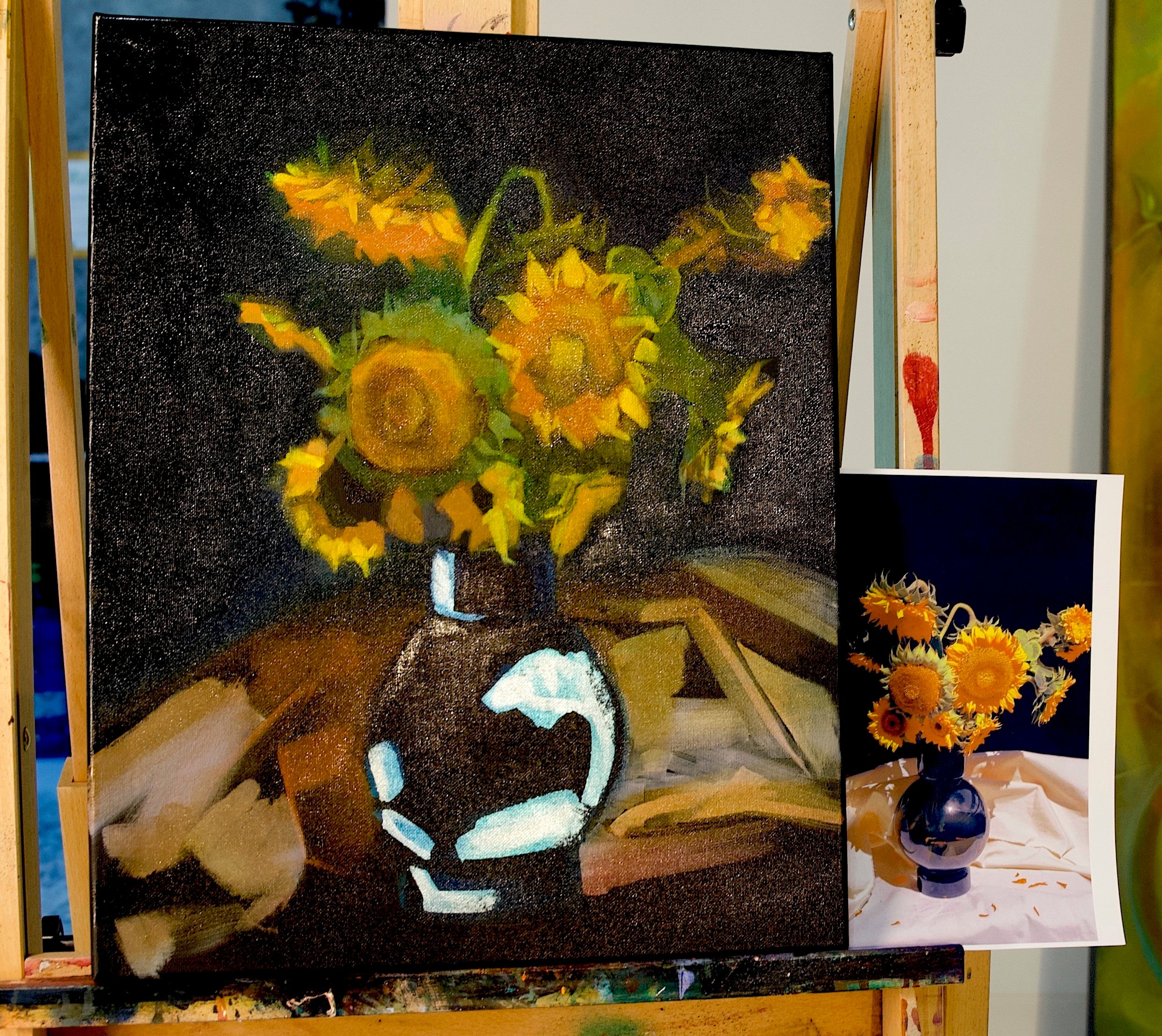 Painting of sunflowers in vase on black background 