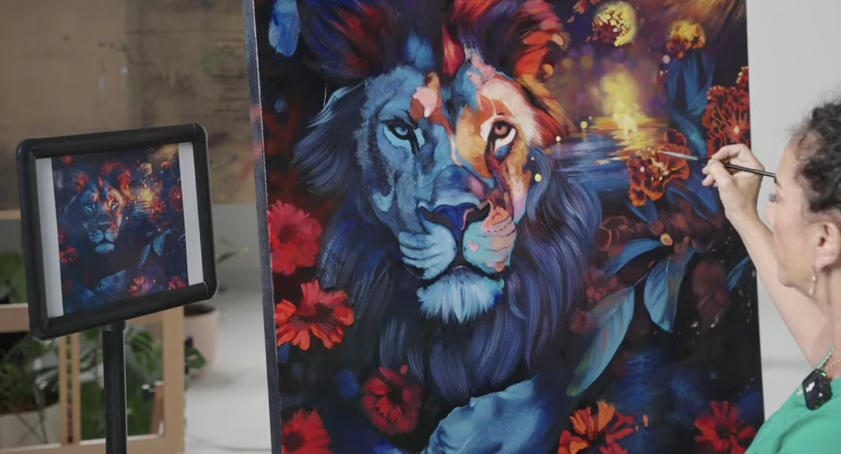 Lion painting of red blue with artist painting