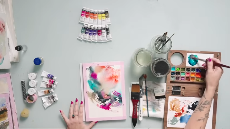desk with watercolor drawing