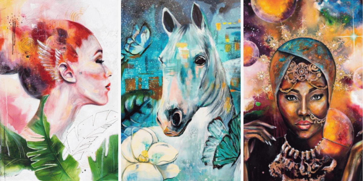 Student work features three paintings with bright colors