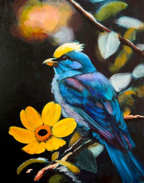 Finished acrylic painting of a blue bird with a yellow crest beside a yellow flower