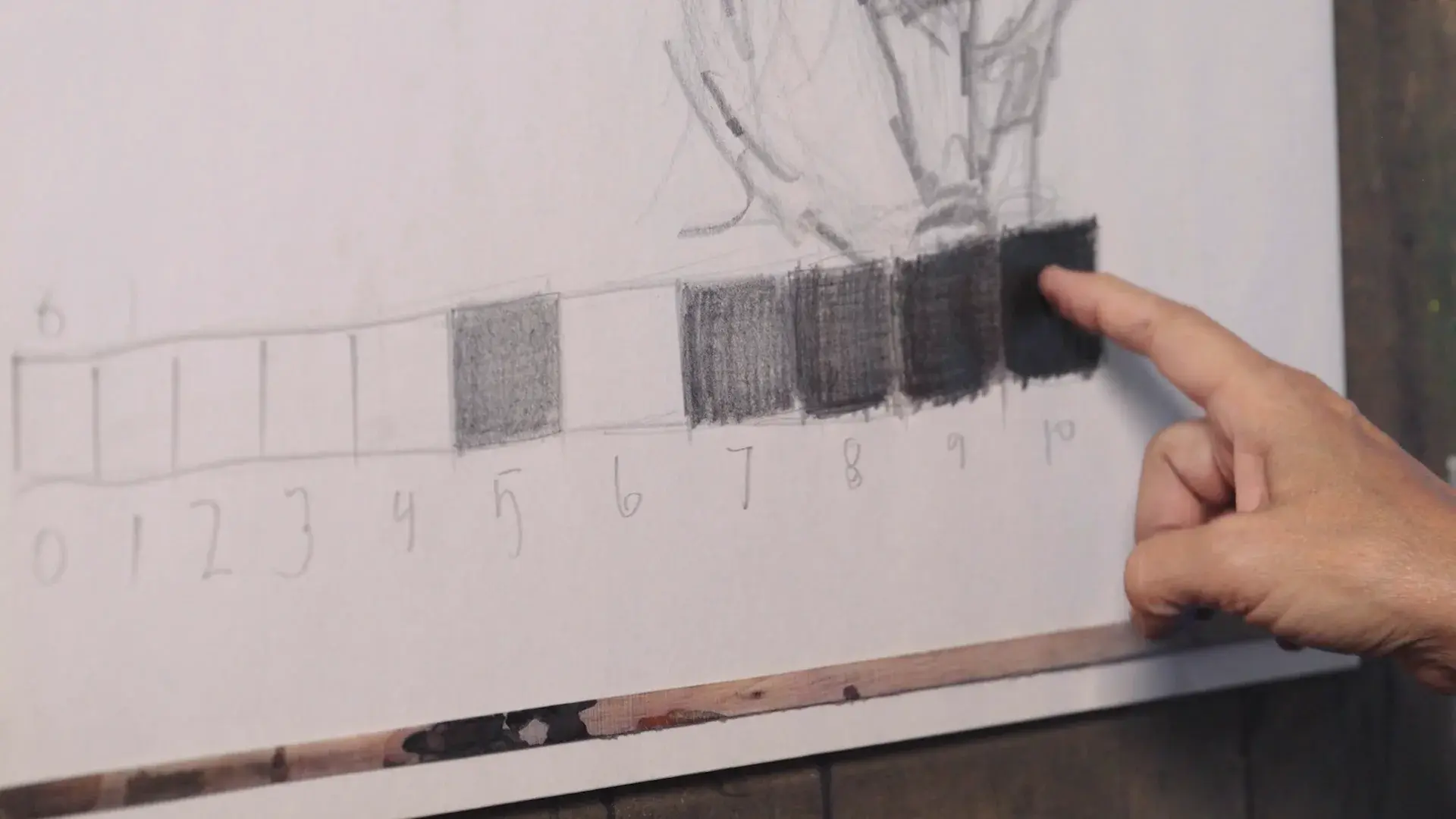 Elli's finger on a hand-drawn strip of boxes numbered 0 to 10, the darkest ones shaded in