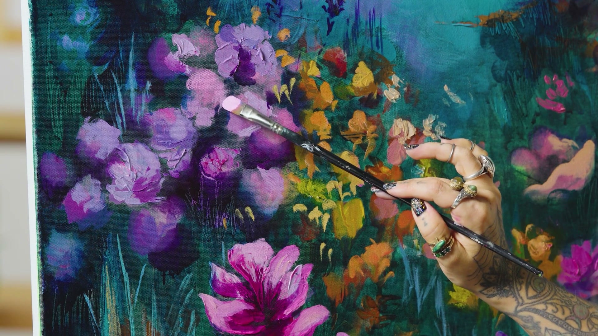 Lisa refining the landscape during the recorded oil-painting session