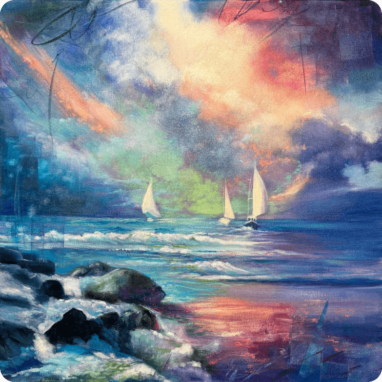 Painting of blue purple ocean with three sailboats and mixed color clouds peach blue white