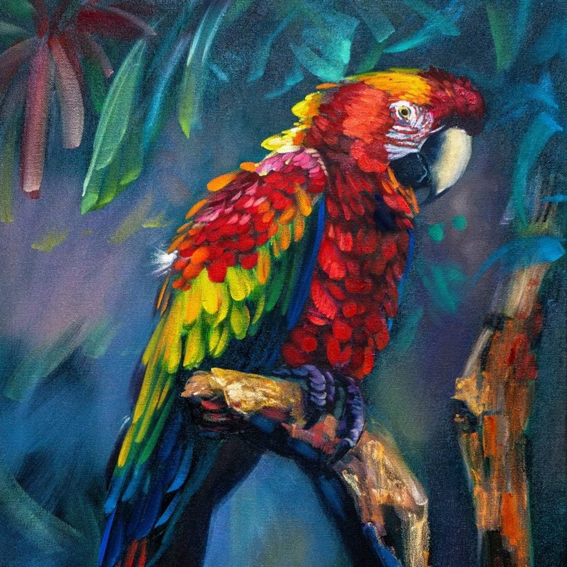 A subtractive oil painting of a colorful macaw, painted in the Old Master tradition